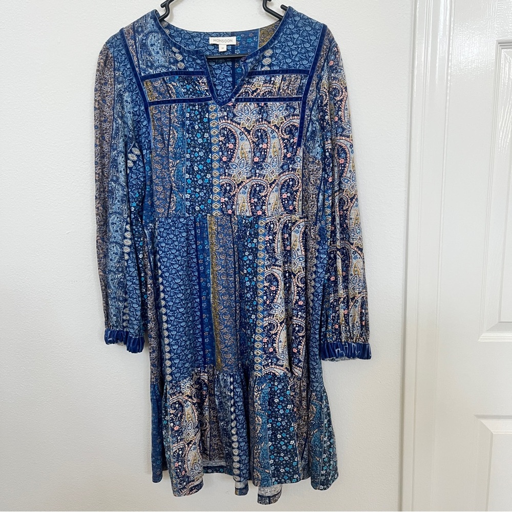 VTG Y2K MONSOON Long Sleeve Floral Paisley Dress Vekvet detail Size M No Sash